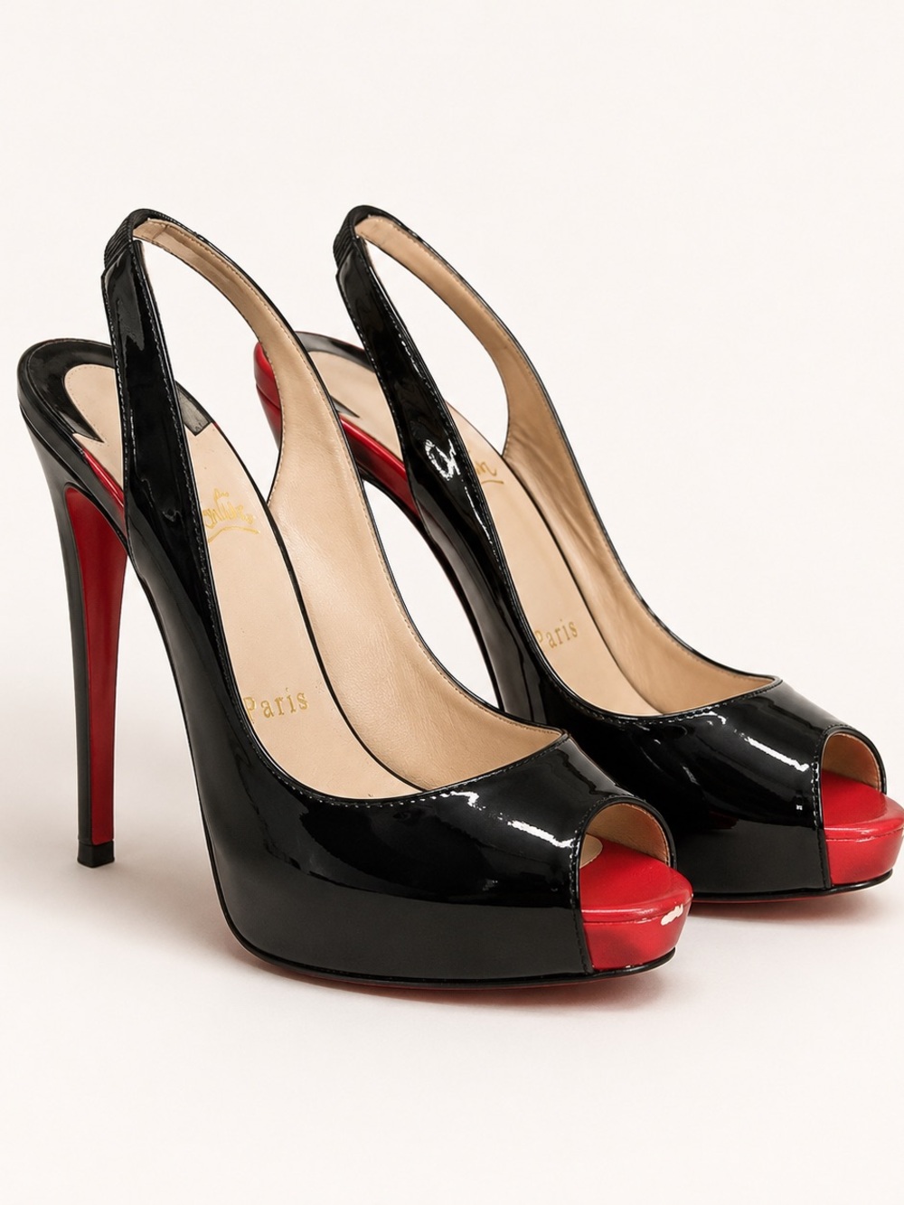 Christian Louboutin Black Patent Slingback Peep-Toe with Red Accents